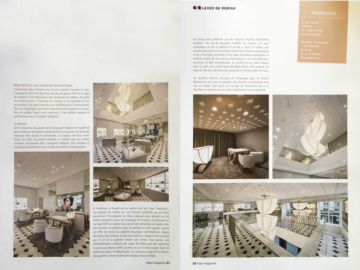Article of the Mauboussin store in Paris designed by the architect Régis Botta on the NDA MAGAZINE 2015
