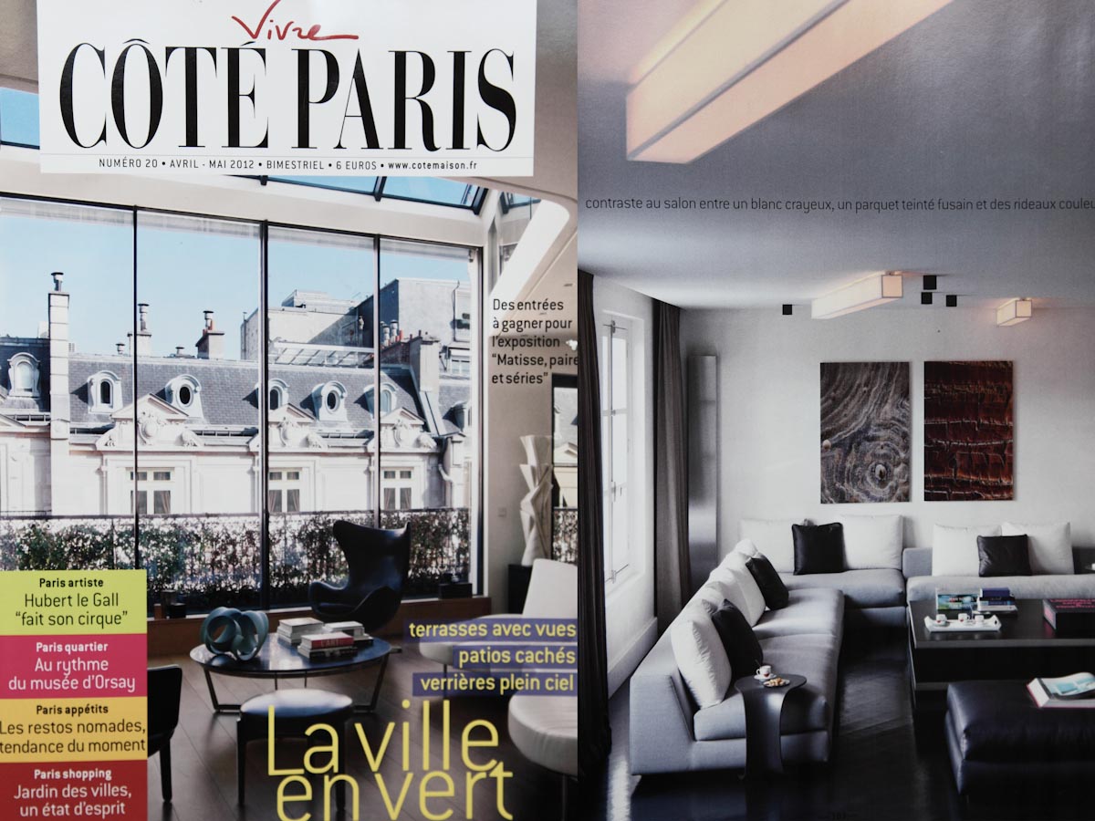 The Line L sconces fixed on a ceiling on the Côté Paris magazine, April - May 2012 issue