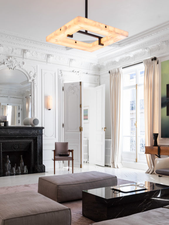 Ozone Appartement Lumière Project in Paris with the Embrun L chandelier and Embrun A wall light by Gounot & Jähnke