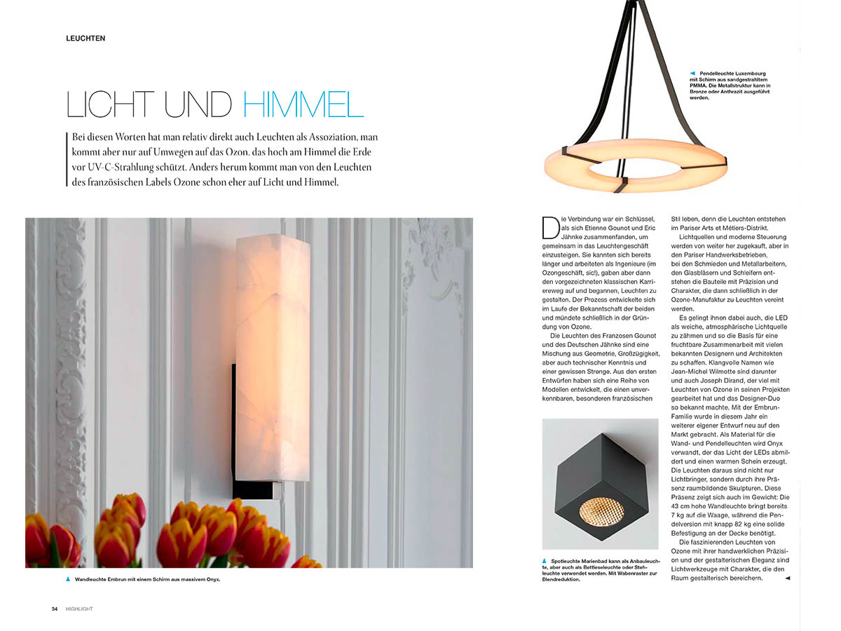 Article on Ozone lighting fixtures for HIGH LIGHT magazine, 2021 edition