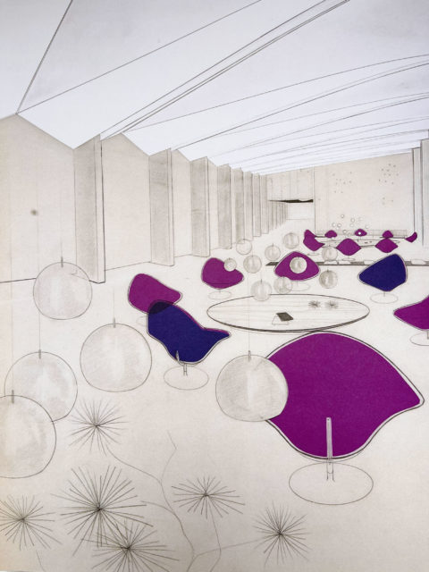 Sketch of the Maison de la Radio with Paulin M101 Ozone chandeliers