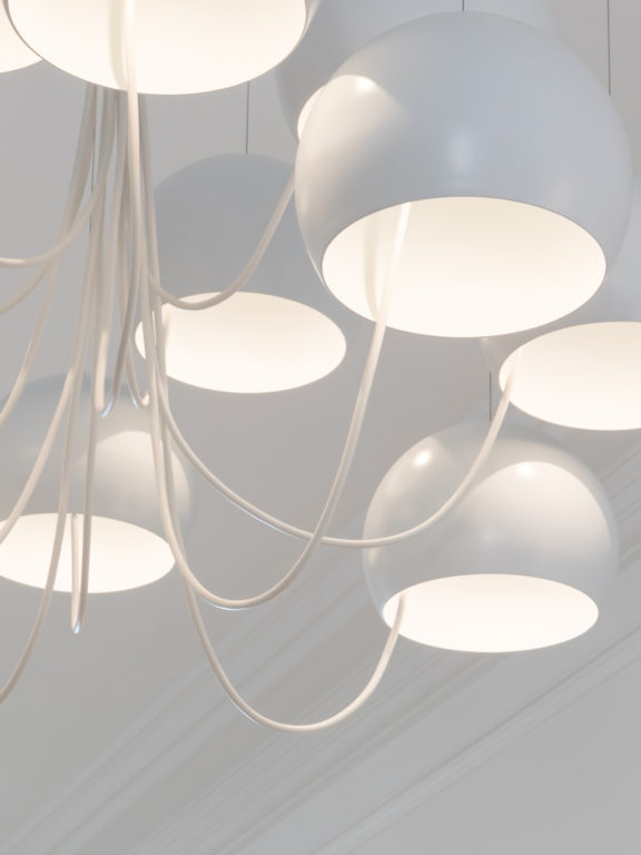 Zoom auf die weißen Kugeln des Kronleuchters Paulin M101