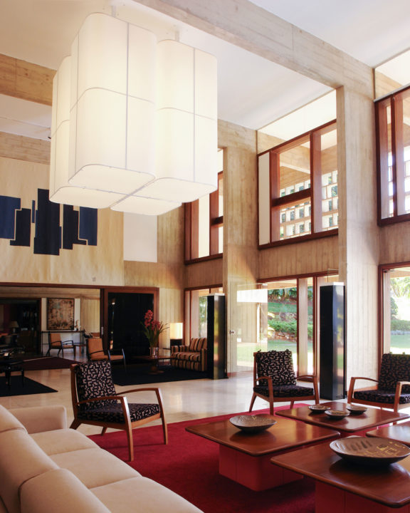 The large white paper Brasilia L chandelier by Michel Boyer in a reception room of the French Embassy in Brazil