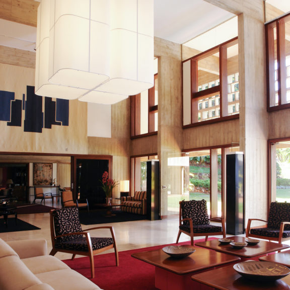 The large white paper Brasilia L chandelier by Michel Boyer in a reception room of the French Embassy in Brazil