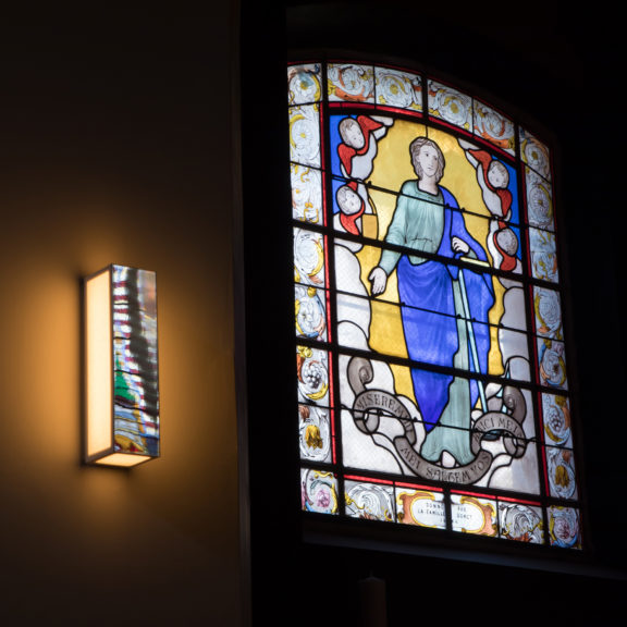 Chandelier Classique V and Sconce Line LV30 Designed by Etienne Gounot & Eric Jähnke for our worship project at the Fontainebleau Church, for Ozone.