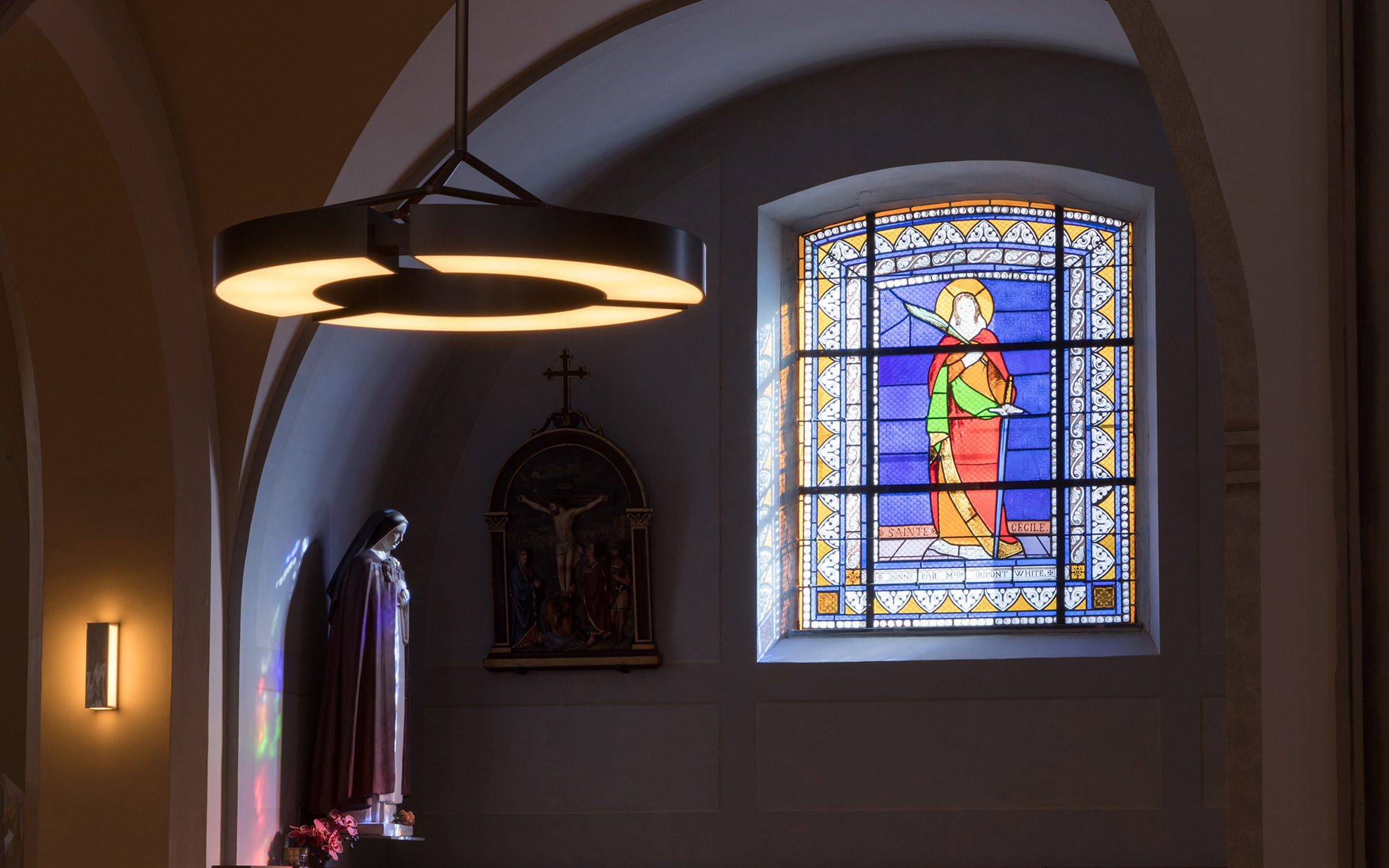 Chandelier Classique V and Sconce Line LV30 Designed by Etienne Gounot & Eric Jähnke for our worship project at the Fontainebleau Church, for Ozone.