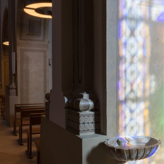 Chandelier Classique V and Sconce Line LV30 Designed by Etienne Gounot & Eric Jähnke for our worship project at the Fontainebleau Church, for Ozone.