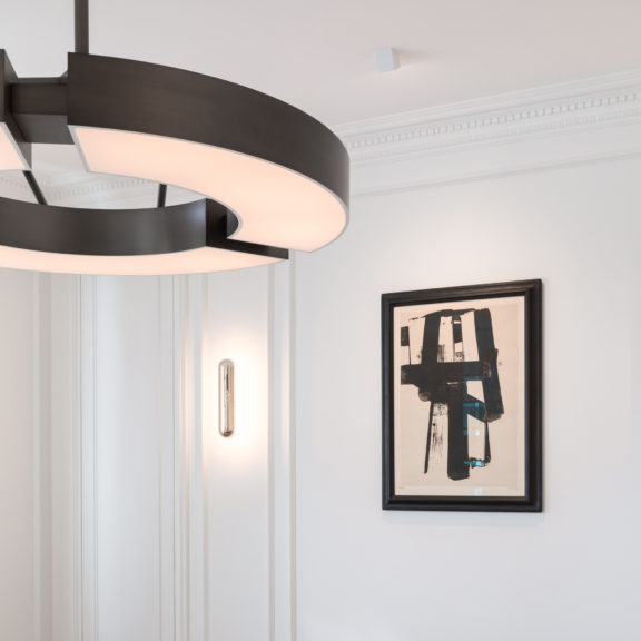 Chandelier Classique V designed by Etienne Gounot and Eric Jähnke, and Gélule Sconce designed by Joseph Dirand, for our project appartment Invalides, for Ozone.