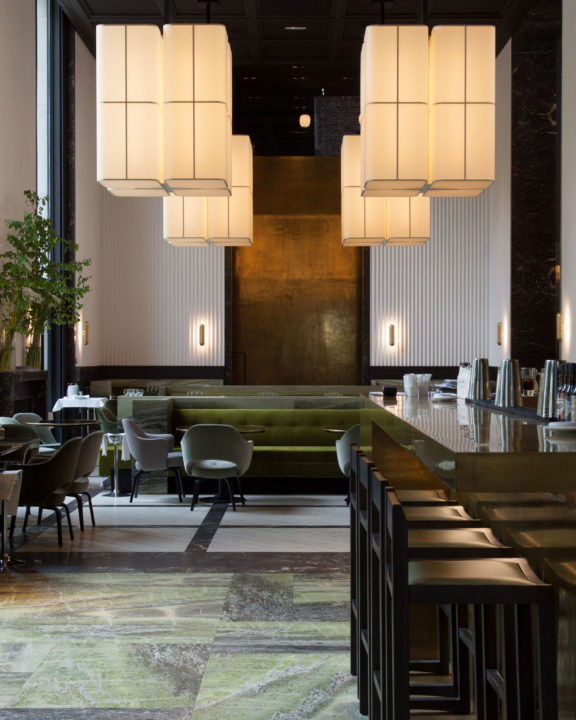 Chandelier Brasilia L designed by Michel Boyer and Sconce Gélule designed by Joseph Dirand for our project restaurant Monsieur Bleu, for Ozone.
