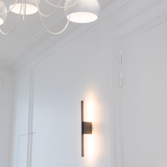 Sconce Untitled A designed by Etienne Gounot and Eric Jähnke, Chandelier M101 designed by Pierre Paulin for our project appartment Porte Dauphine, for Ozone.