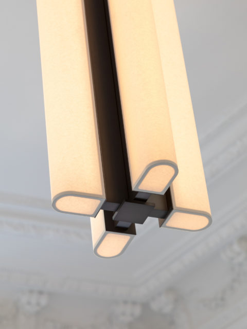 With its four paper diffusers Glenn Sestig's Tennessee S4 pendant light illuminates a room with ceiling moldings