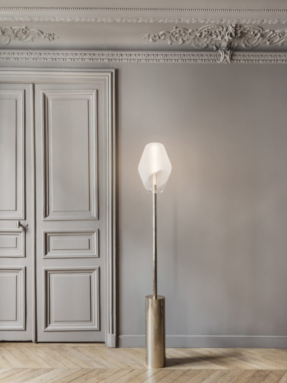 Montmartre street lamp by Régis Botta on the parquet floor of a Parisian apartment