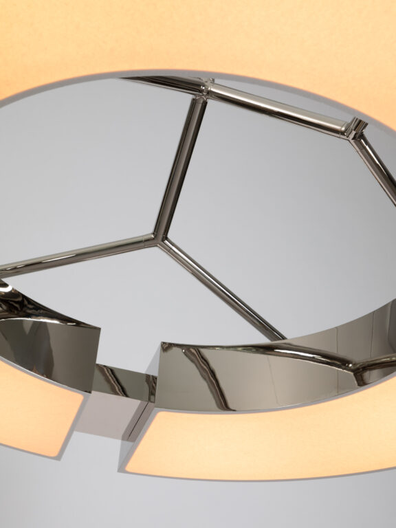 Close-up view of the Classique V chandelier by Gounot & Jähnke with a mirror nickel finish and a white paper diffuser