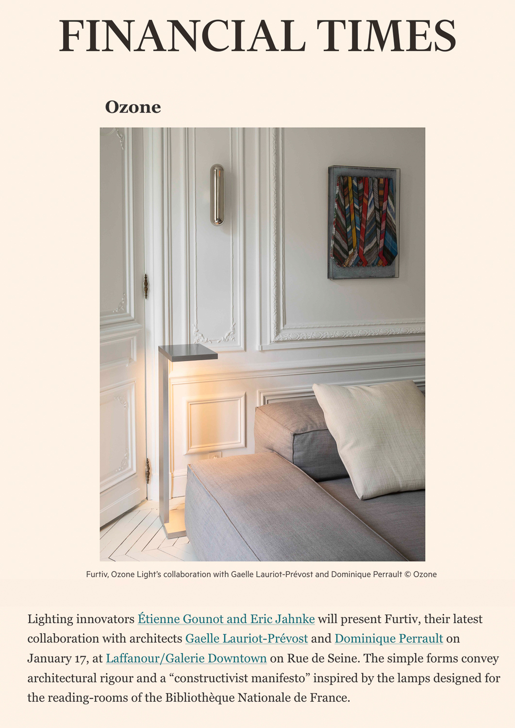 Article on Ozone Furtiv's latest collection by the Financial Times magazine