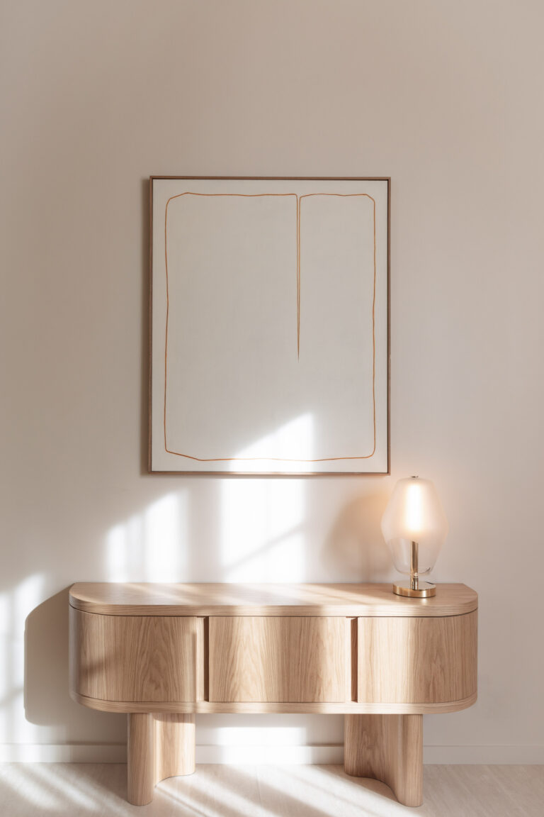Placed on a wooden table, Régis Botta's Saint-Germain table lamp illuminates a minimalist painting