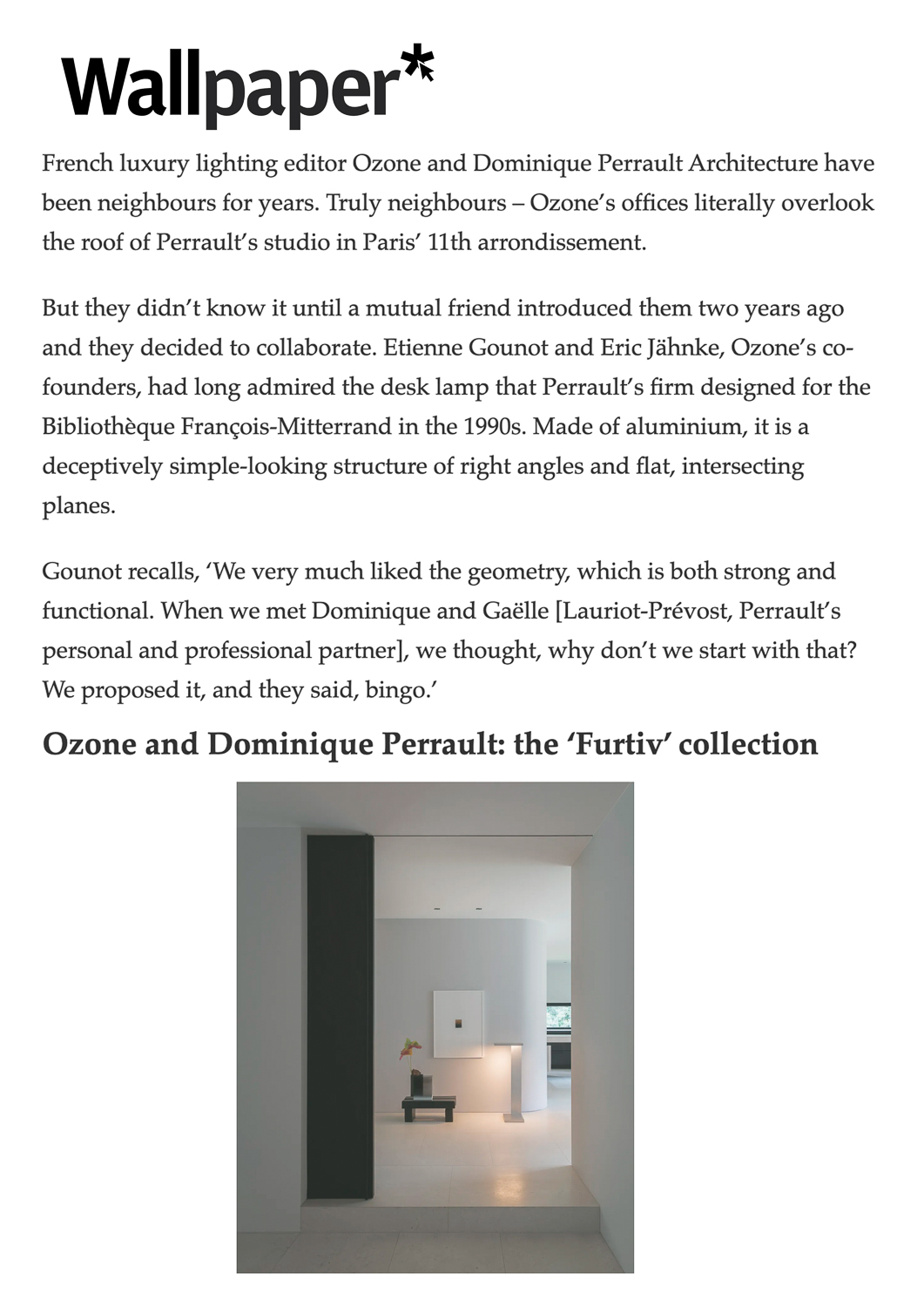 Wallpaper* magazine article on the Furtiv collection by Gaëlle Lauriot-Prévost and Dominique Perrault