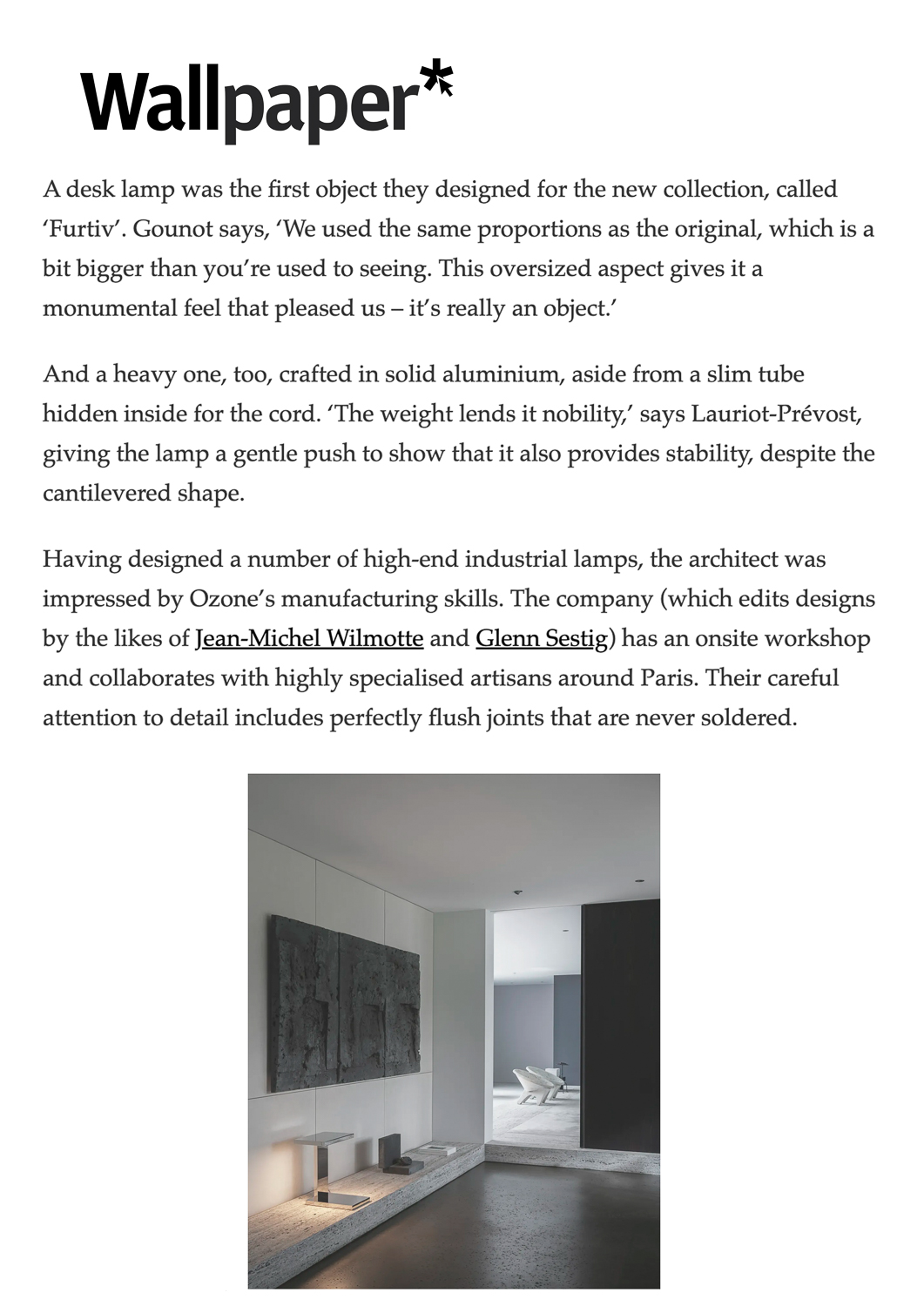 Wallpaper* magazine article on the Furtiv collection by Gaëlle Lauriot-Prévost and Dominique Perrault