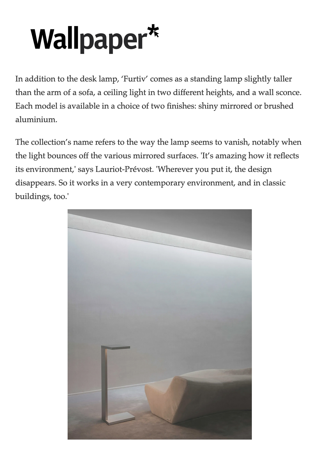 Wallpaper* magazine article on the Furtiv collection by Gaëlle Lauriot-Prévost and Dominique Perrault