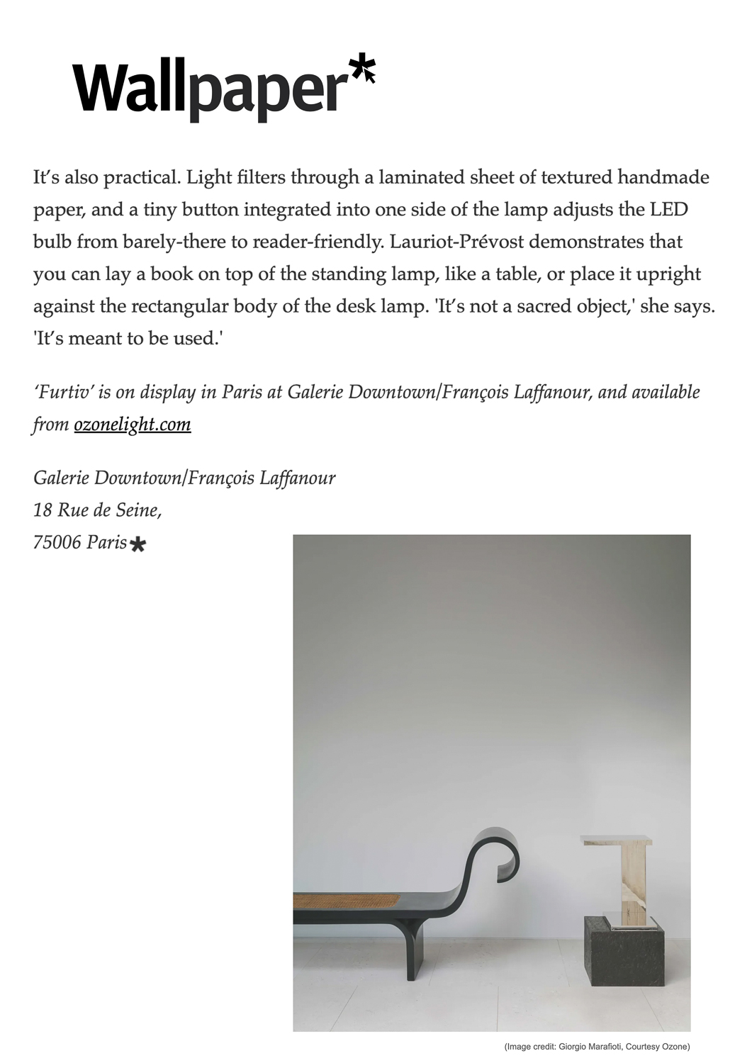 Wallpaper* magazine article on the Furtiv collection by Gaëlle Lauriot-Prévost and Dominique Perrault