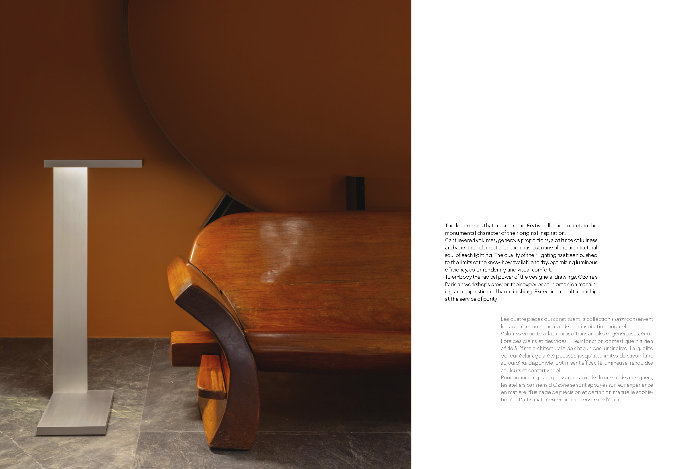 Furtiv LH Ozone floor lamp illuminates a wooden bench facing an orange wall