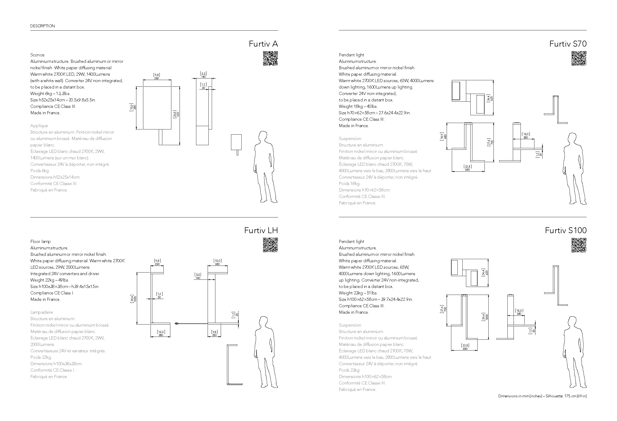 Diagrams and descriptions of the four lighting models in the Furtiv collection by Gaëlle Lauriot-Prévost and Dominique Perrault for Ozone
