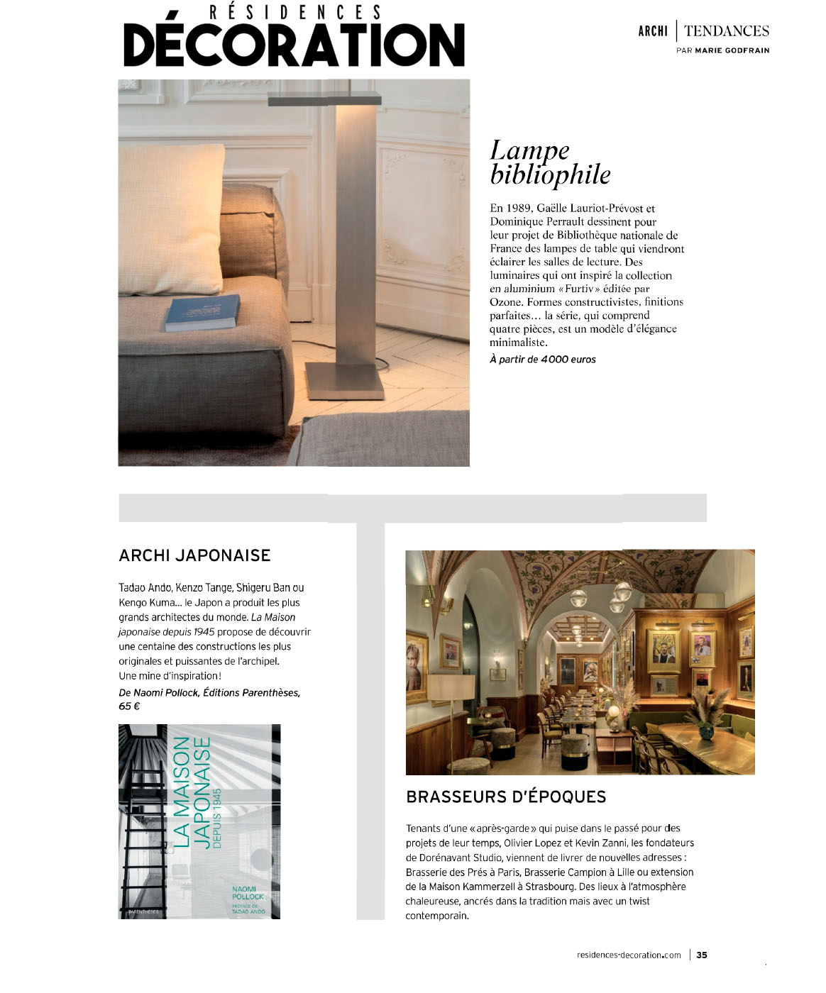 The Furtiv LH floor lamp in Résidences Décoration magazine, March 2024