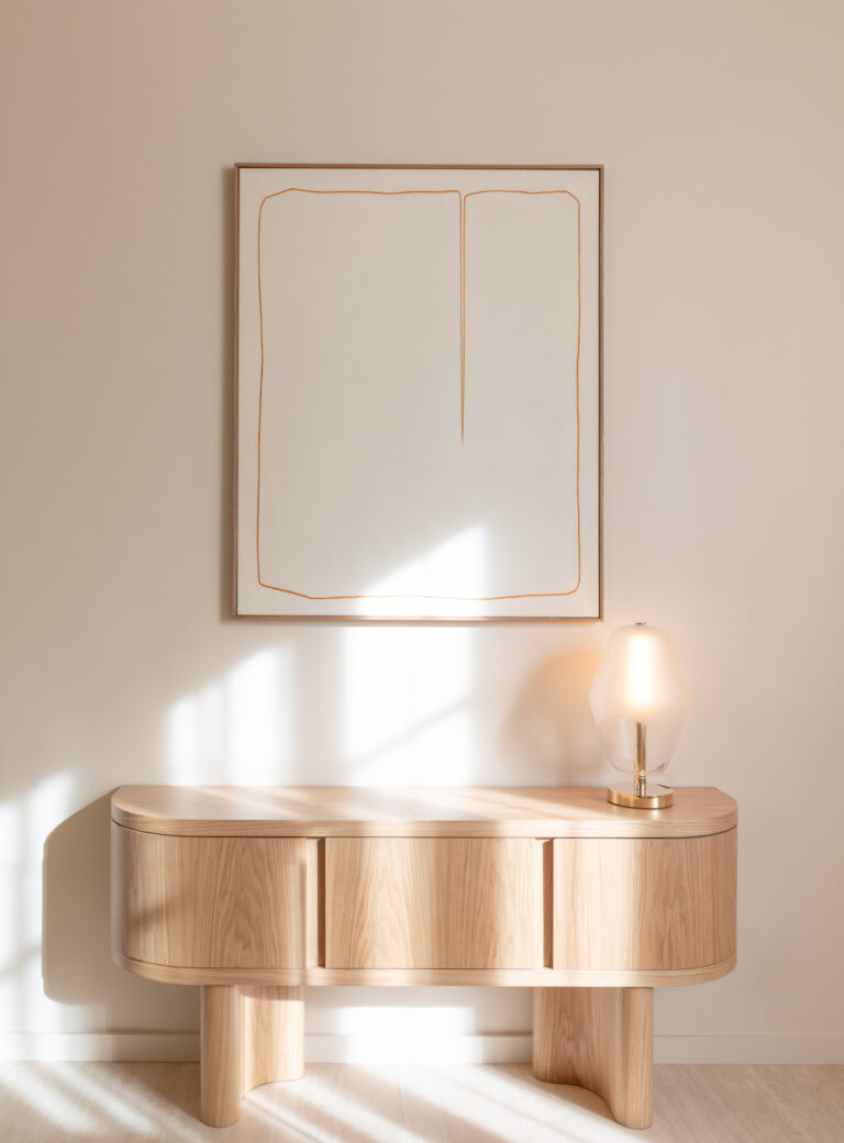 Sain-Germain table lamp by Régis Botta on a wooden cabinet