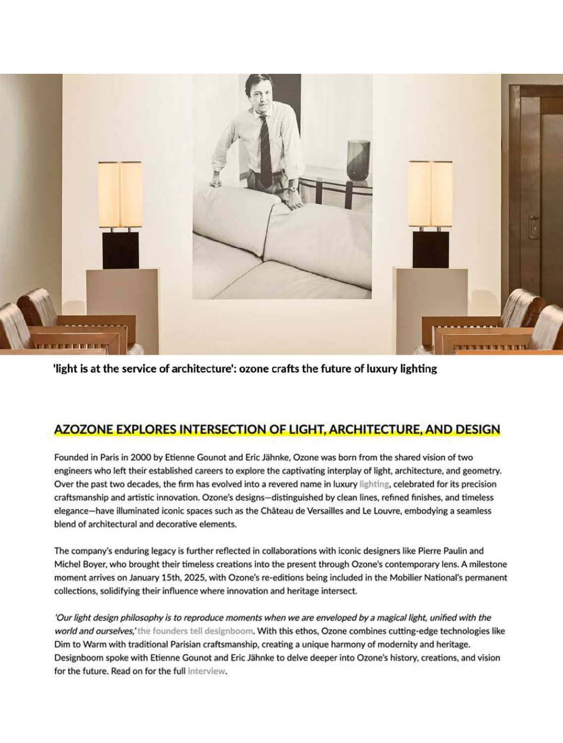 Designboom magazine article on the expertise of Ozone Light workshops