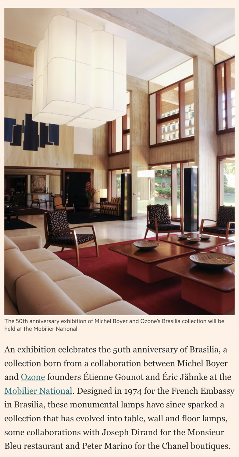 Article on the 50th anniversary of Michel Boyer's Brasilia collection for the Financial Times magazine