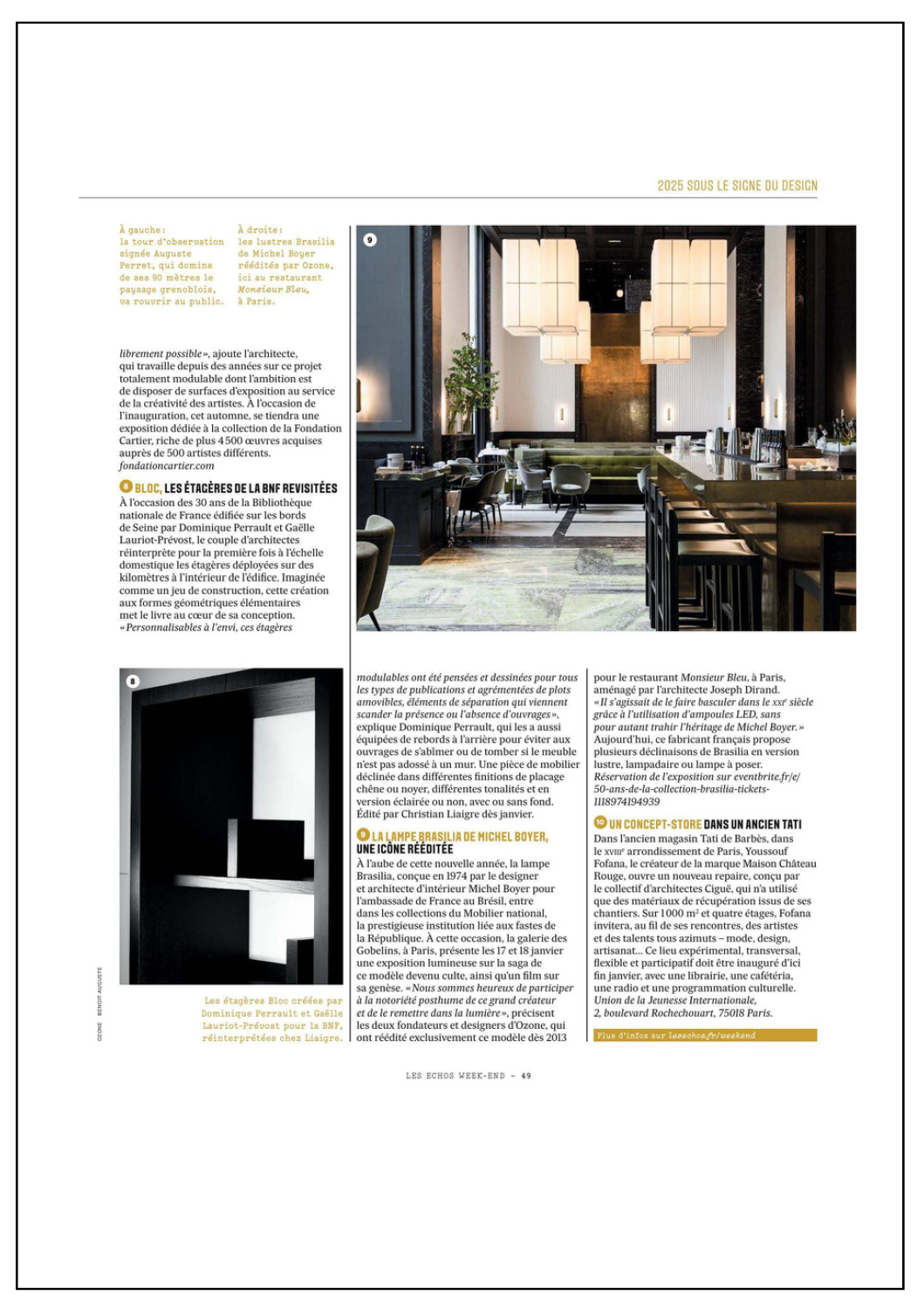 Article on Michel Boyer's Brasilia chandelier in Les Echos Week-end magazine