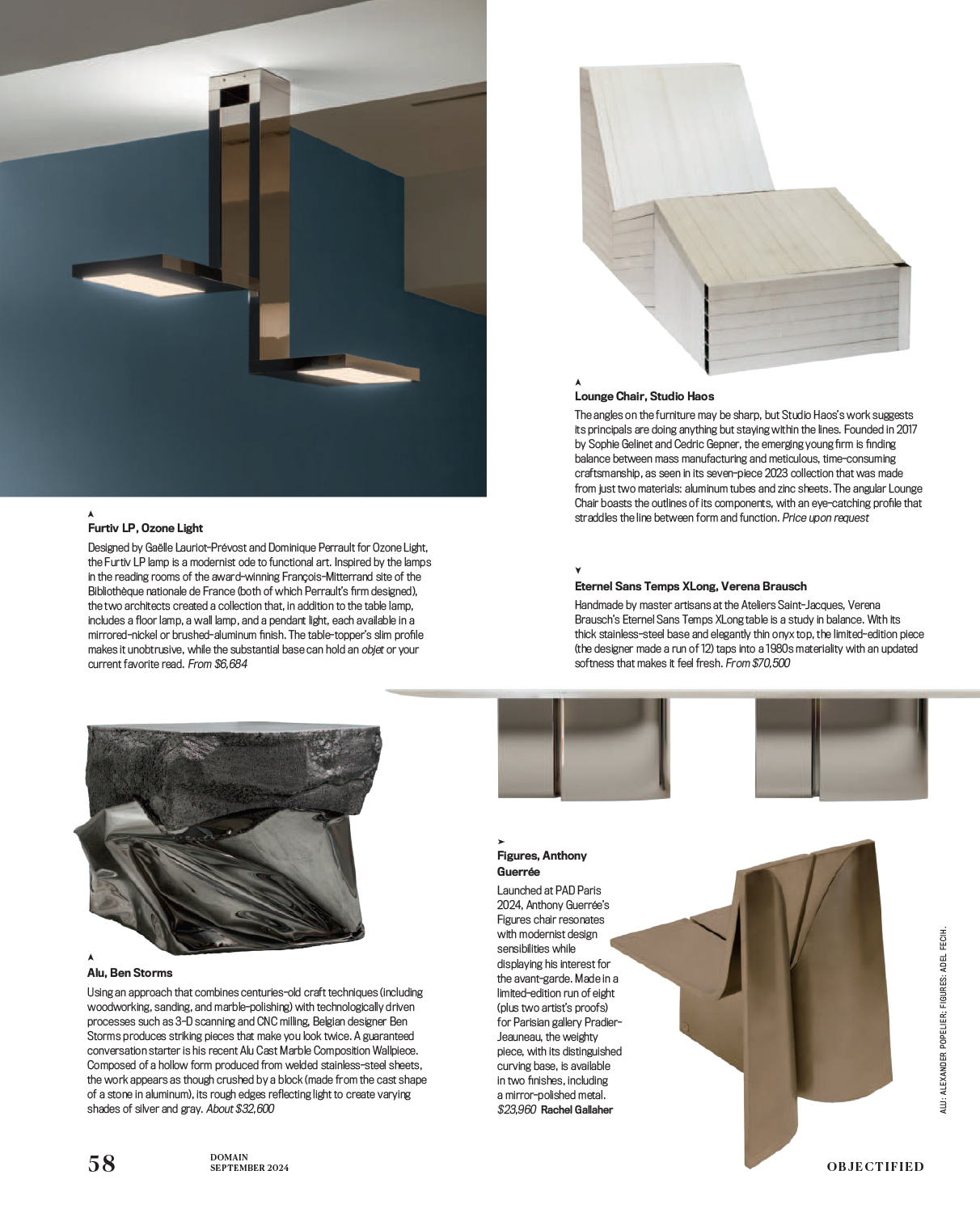 Article of the Furtiv collection in the DOMAIN Where design lives magazine, special edition on metal