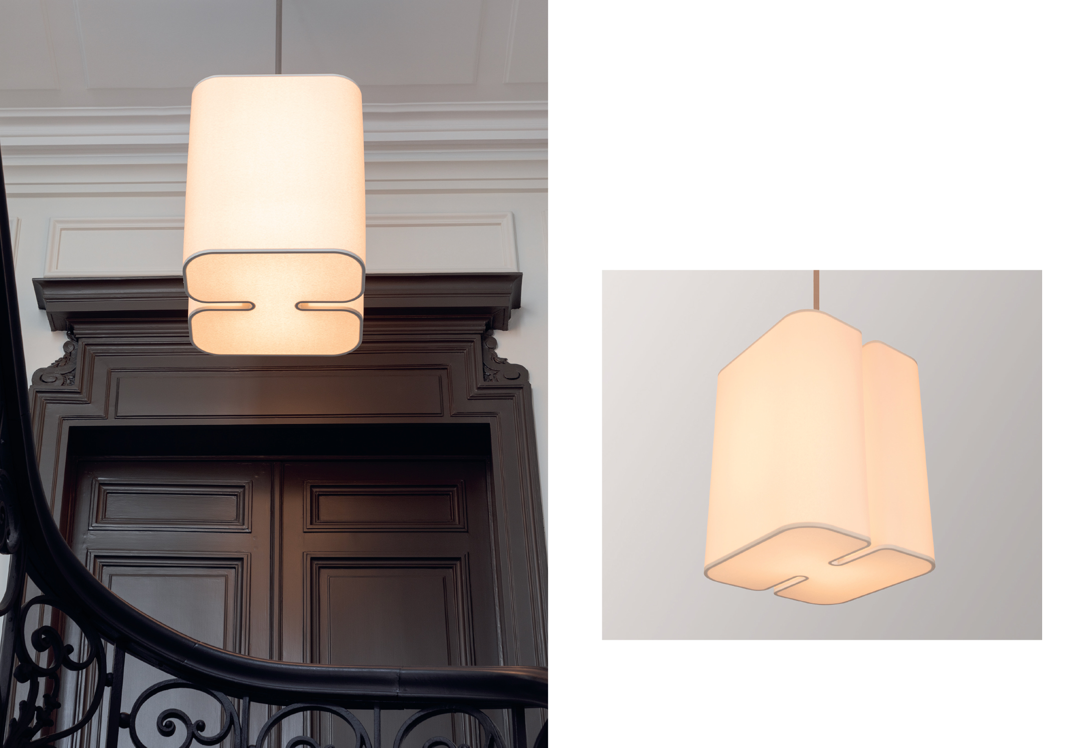 Double page from the Brasilia collection booklet showing a view of a project and a neutral background of the Brasilia S pendant light.