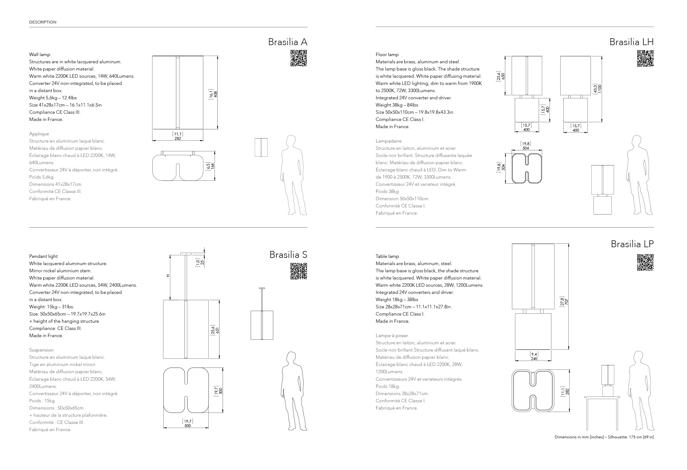 Double page from the Brasilia booklet with technical descriptions of the Brasilia A, LH, S, and LP lamps