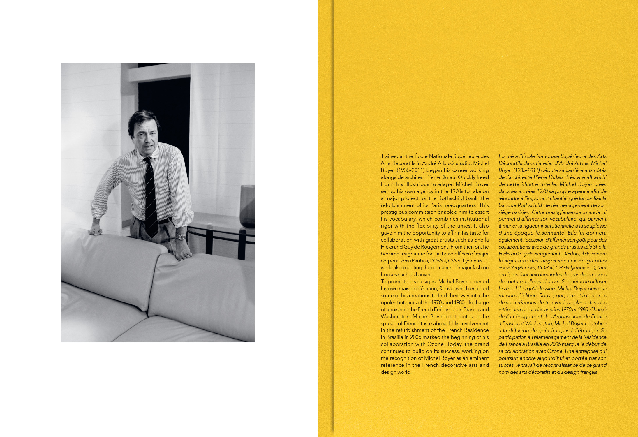 Double page from the Brasilia booklet with details about Michel Boyer, creator of the collection