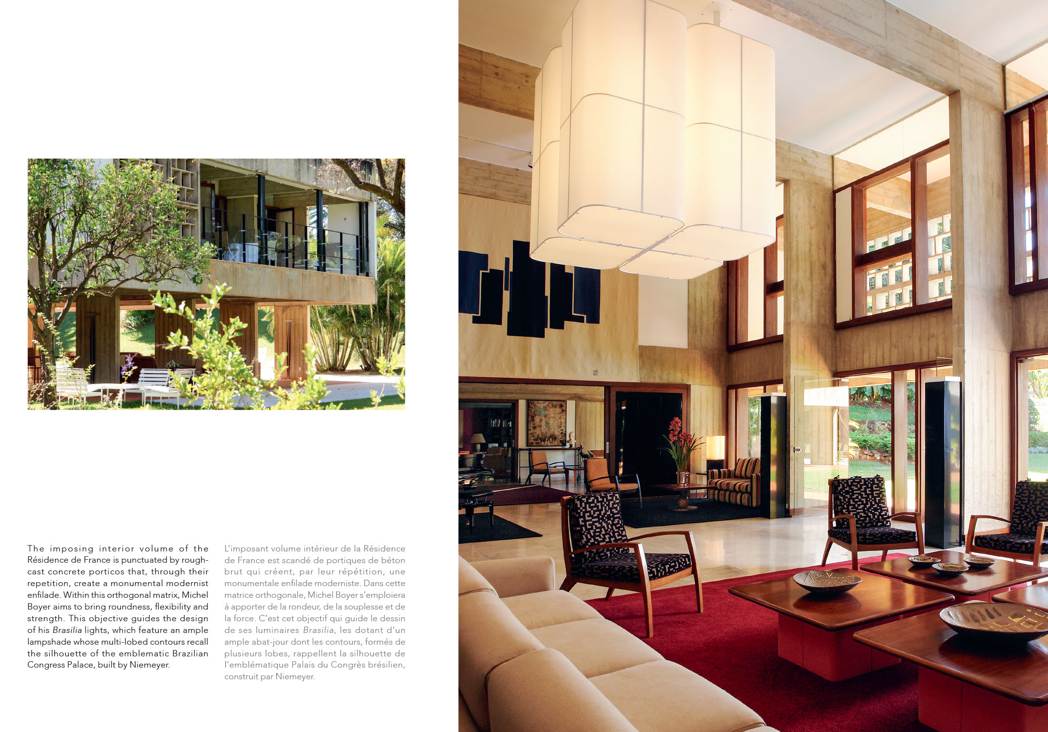 Double page spread from the Brasilia booklet showing the exterior and reception room of the French Embassy in Brazil 