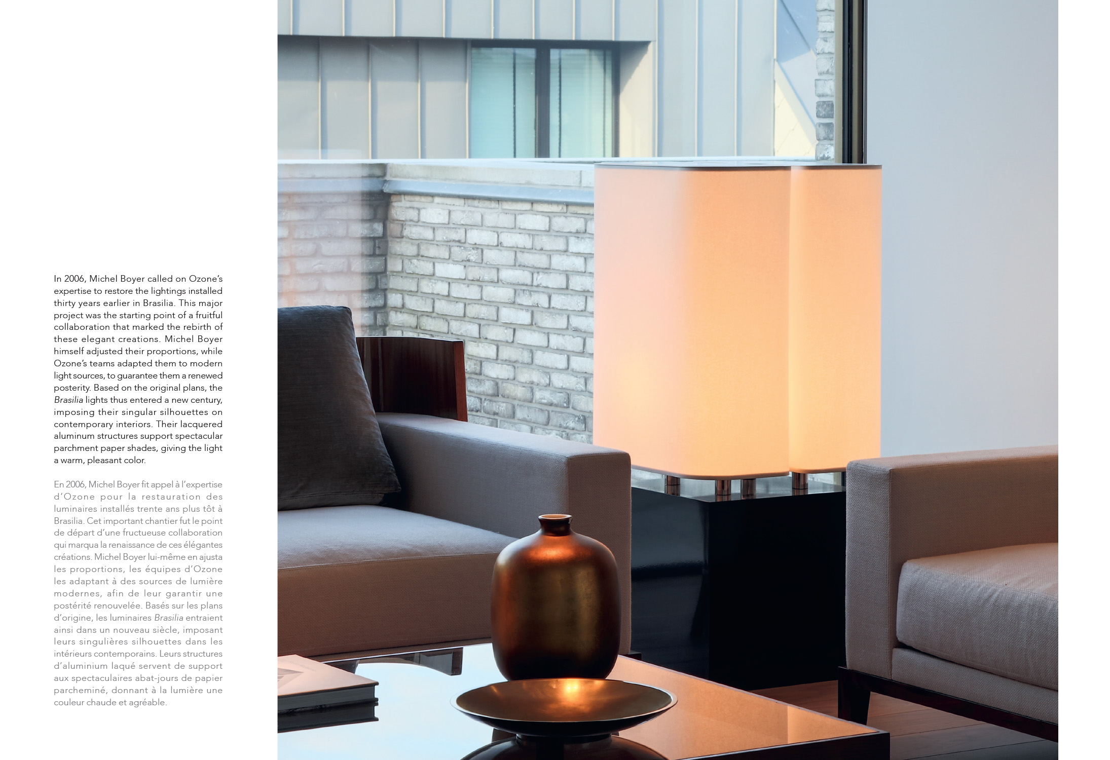 Double page spread from the Brasilia booklet presenting information and a living room lit by a Brasilia LH lamp.