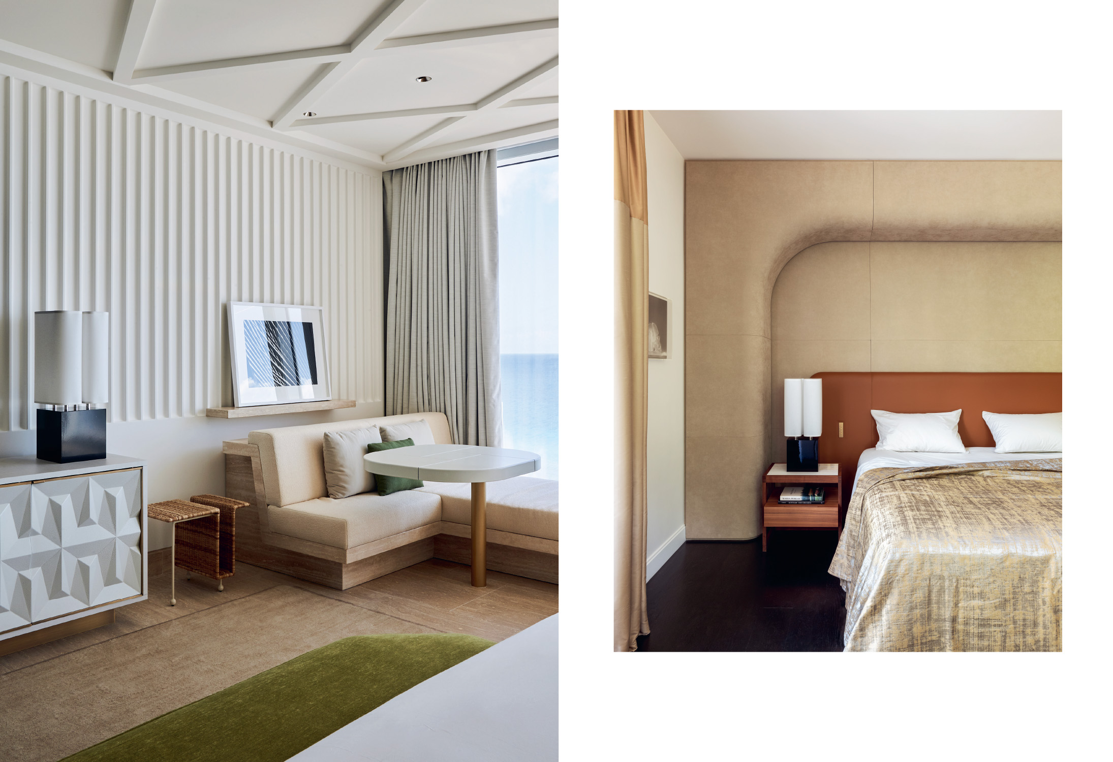 Double page spread from the Brasilia booklet showing how the Brasilia table lamp can be used in a bedroom or living room.