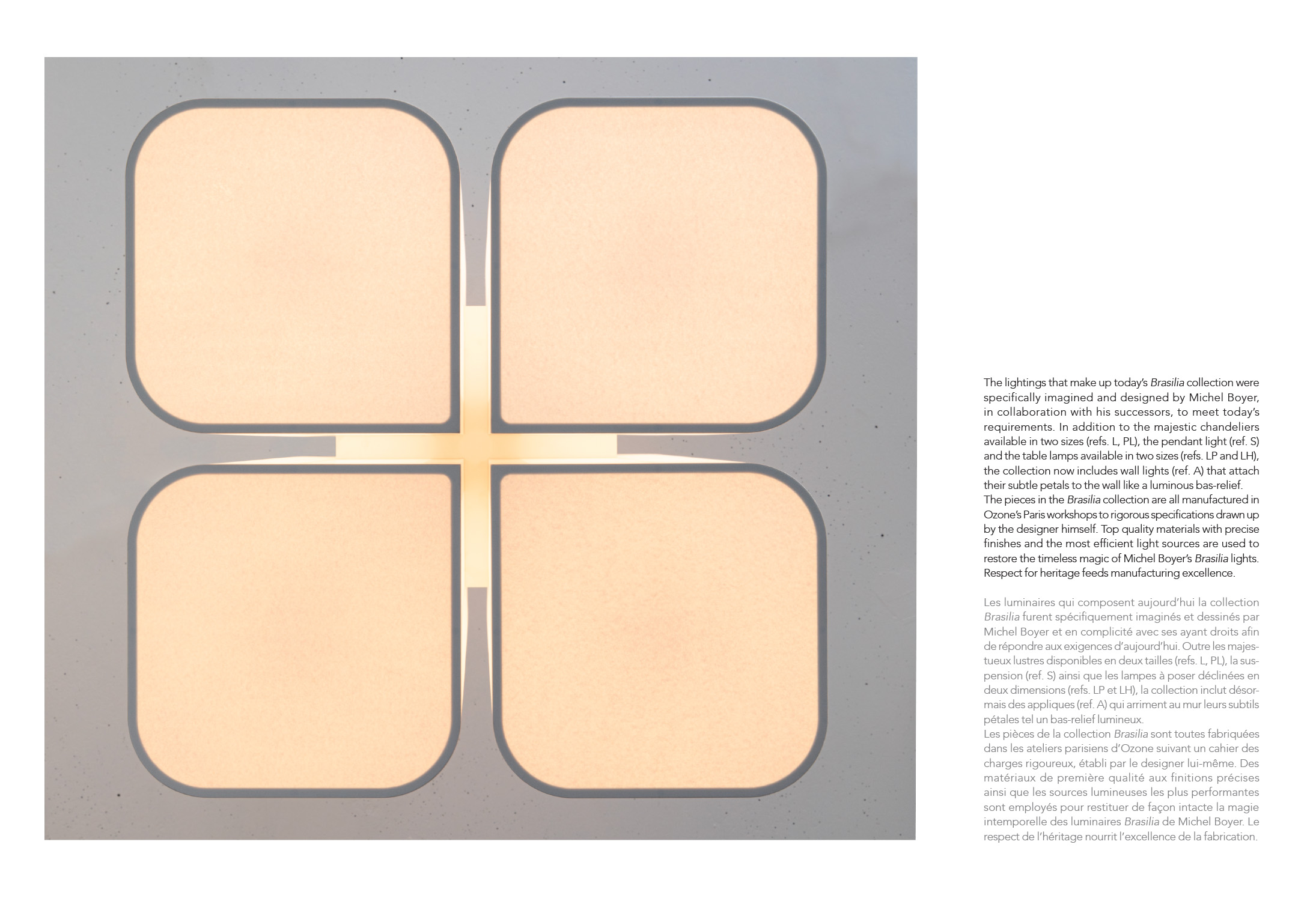 Double page spread from the Brasilia booklet showing a view from underneath a Brasilia L chandelier.