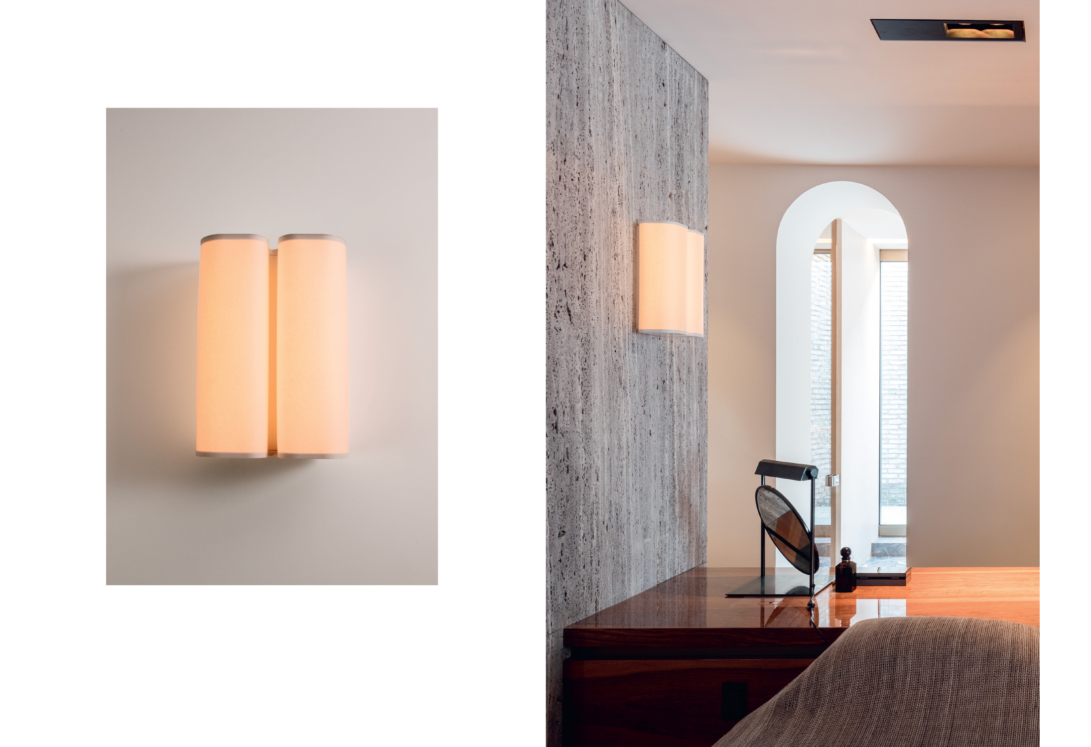 Double page from the Brasilia booklet with two views of the paper wall lamp from the Brasilia collection