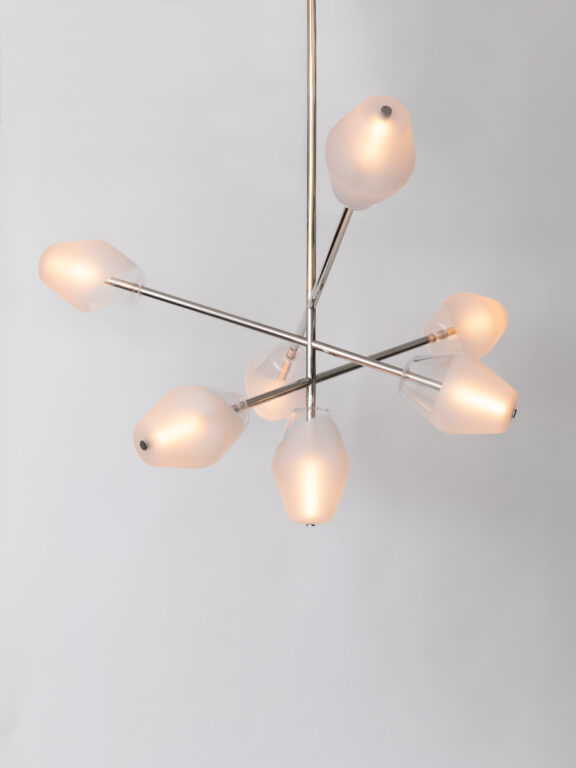 Opéra chandelier with blown glass globes on a white background from the Les Parisiennes collection by Régis Botta for Ozone