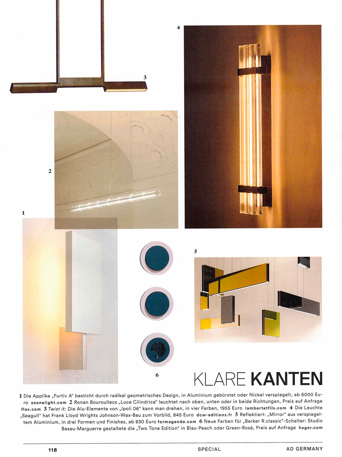 Page from the December issue of AD Germany magazine featuring various lamps, including a wall lamp from the Furtiv collection created by Dominique Perrault and Gaëlle Lauriot-Prévost for Ozone. 