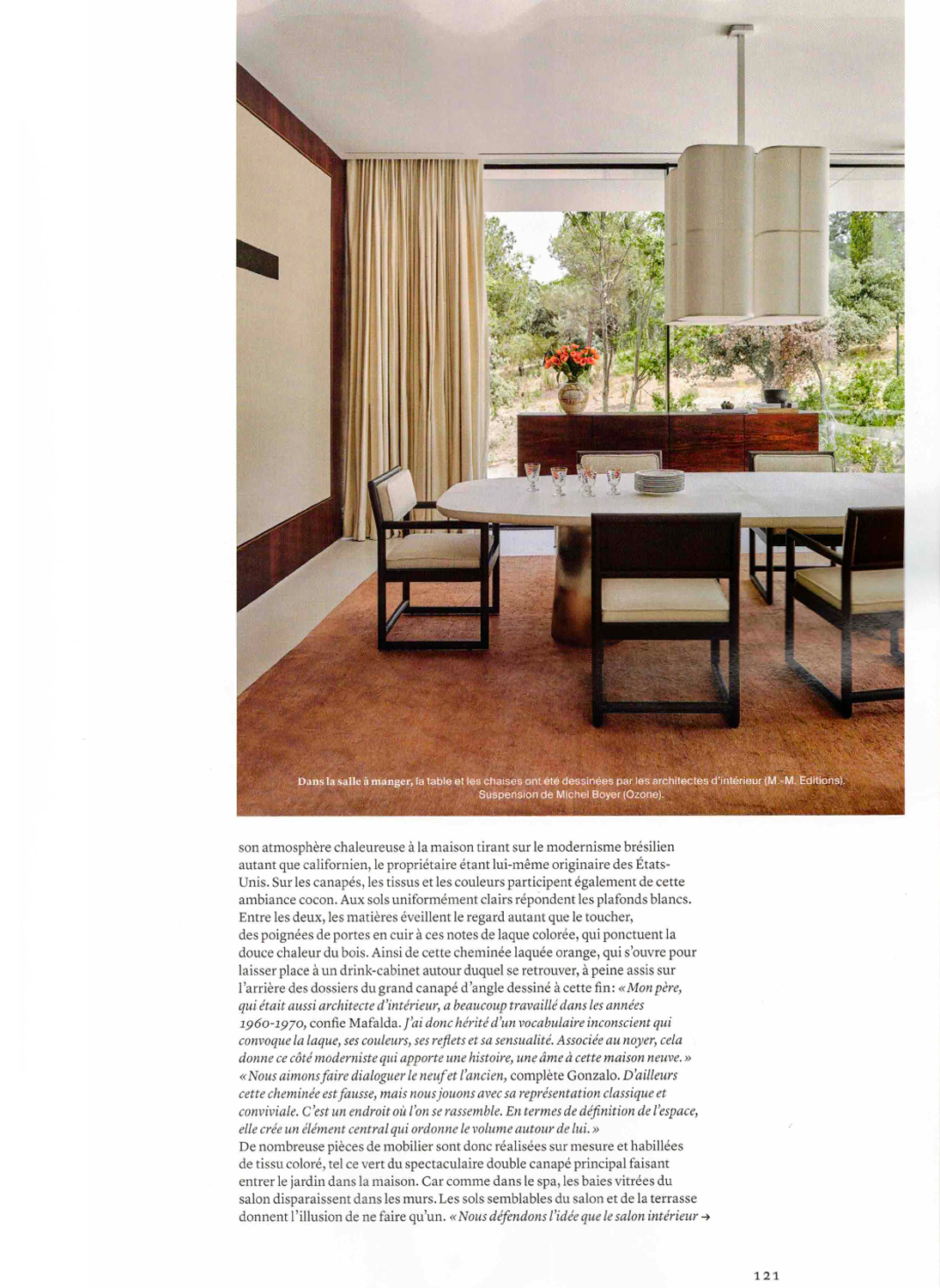 Page from Architectural Design magazine featuring a living room and a Brasilia PL chandelier from the Brasilia collection by Michel Boyer for Ozone.
