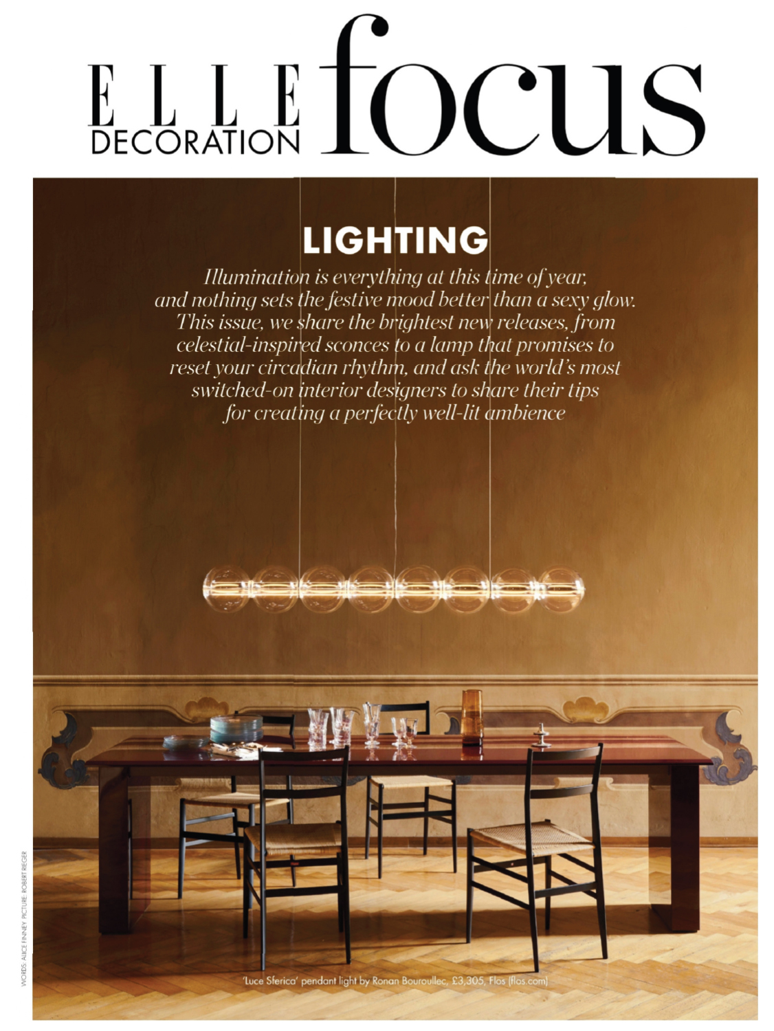 Presentation page focusing on lighting in Elle Décoration magazine. It shows a living room with a table lit by Ronan Bourollec's chandelier.
