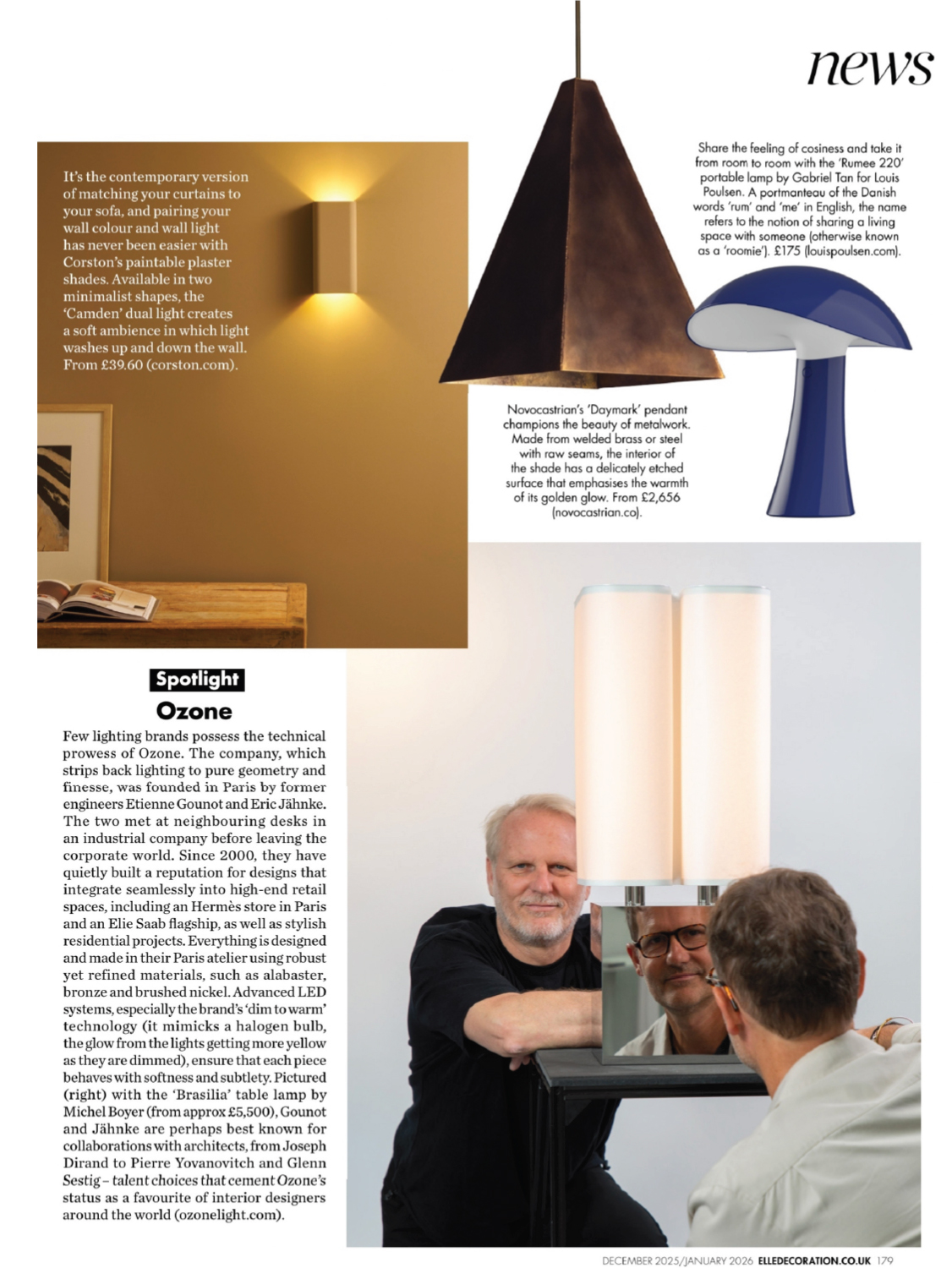 Page from Elle Deco UK magazine spotlighting Ozone with a photo of founders Étienne Gounot and Éric Jähnke posing with the Brasilia LP lamp in mirror nickel finish.
