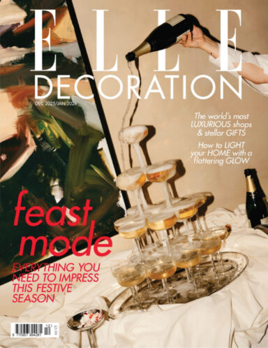 Cover of Elle Décoration magazine, December/January 2026 issue, featuring luxury with champagne.