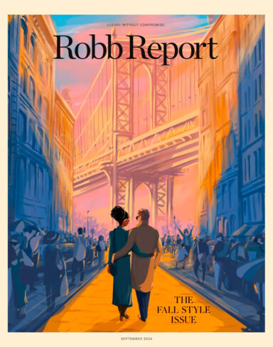 Cover of Robb Report magazine. The illustration is very colorful and takes place in New York, in front of the Brooklyn Bridge.