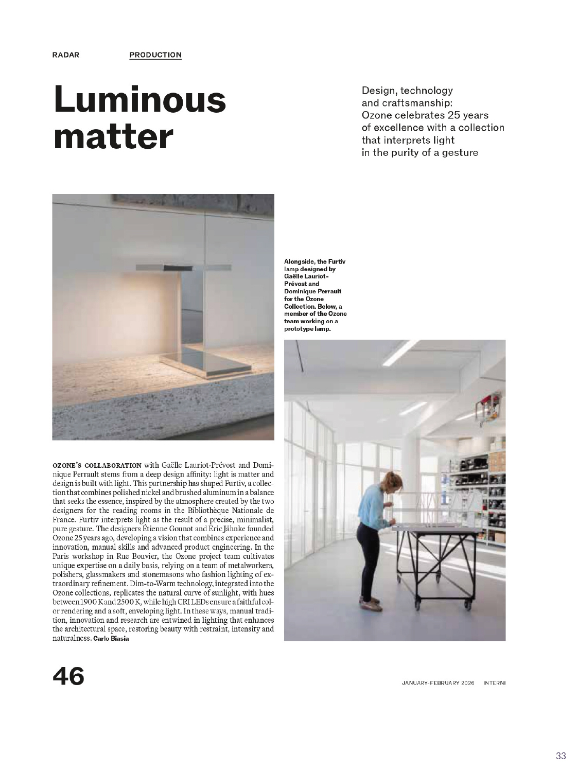 Page from Interni magazine presenting Ozone's work and his collaboration with Gaëlle Lauriot-Prévost and Dominique Perrault for the Furtiv collection. It shows the workshop where the lamps are made, as well as the Furtiv LP.
