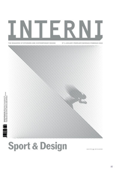 Cover of Interni magazine, January/February 2026. There is an illustration of a skier hurtling down a slope to illustrate the issue focused on sports and design.