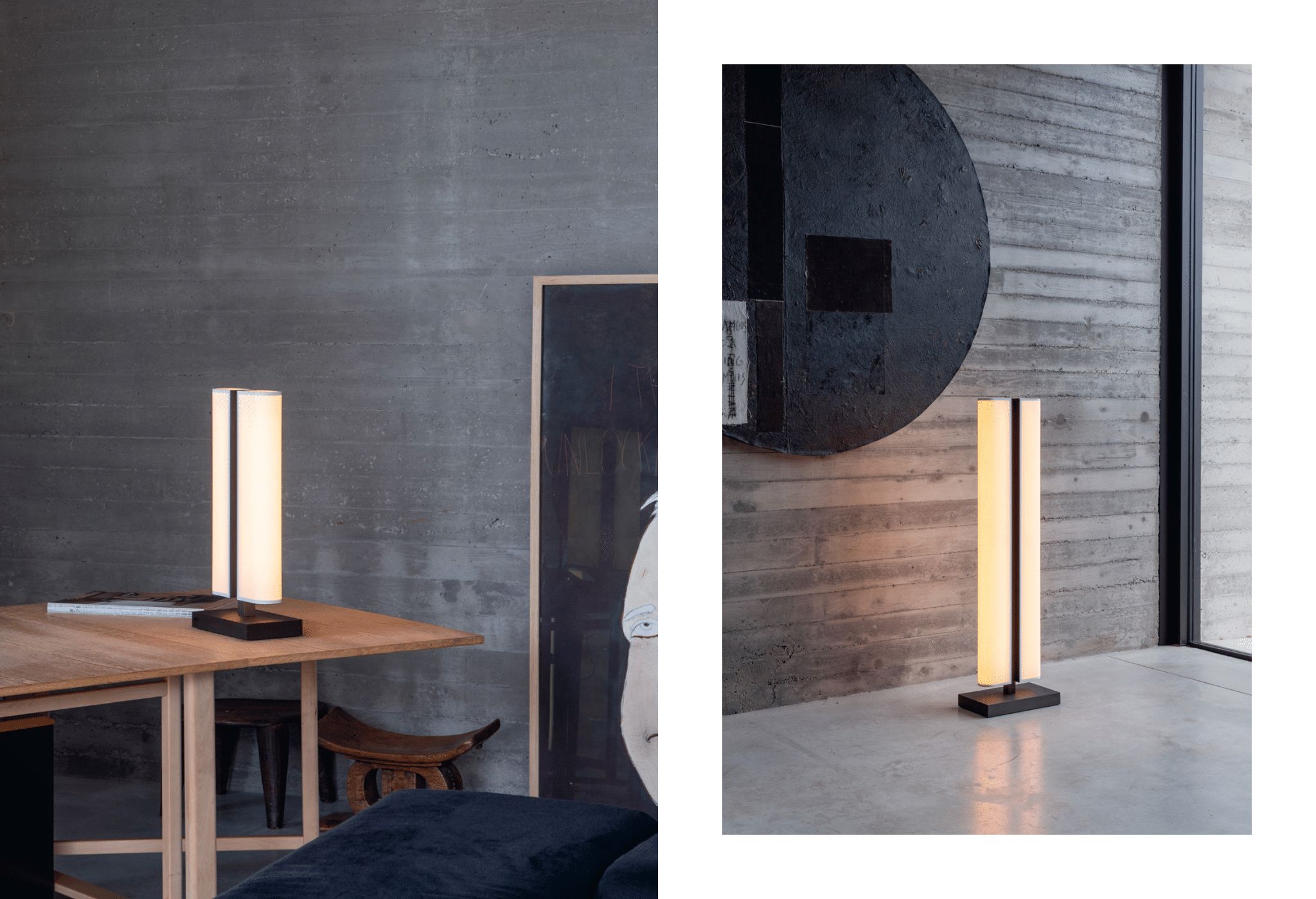 Images of the table lamp and floor lamp from the Tennessee collection exhibited at Lannoo Castle in Belgium in the Tennessee 2026 booklet.