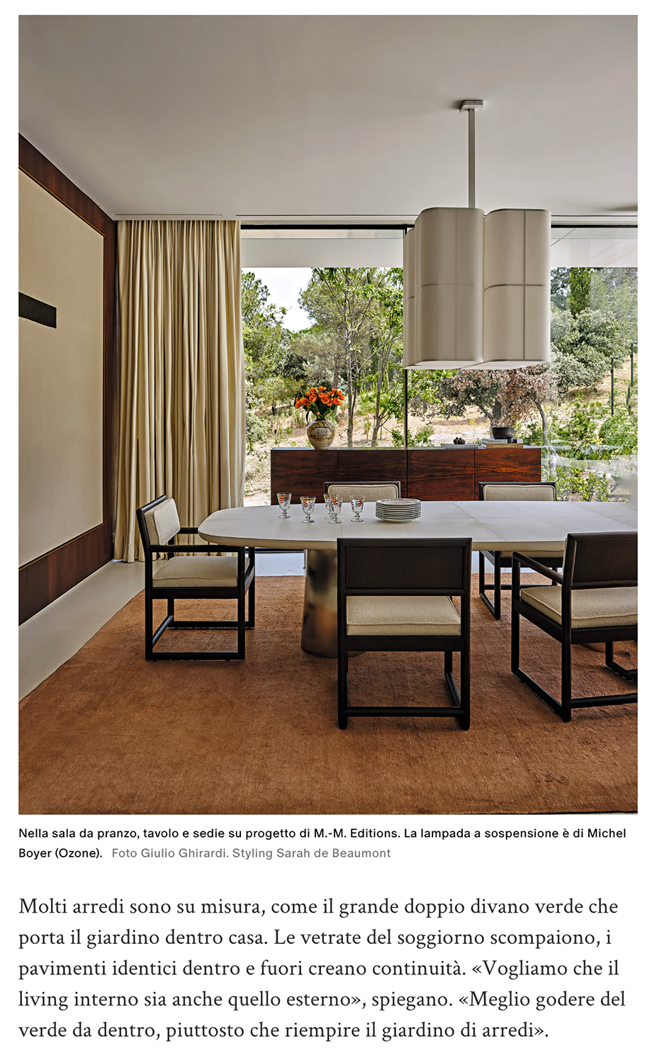 An AD Italia web article featuring an architectural design for a villa in Madrid, Spain. It shows a dining room with a Brasilia PL chandelier from the Brasilia collection, designed by Michel Boyer for Ozone.